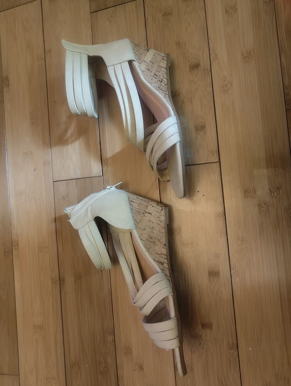 Neutral Cream Cork Wedge Sandals for Women - Strappy Open-Toe Style